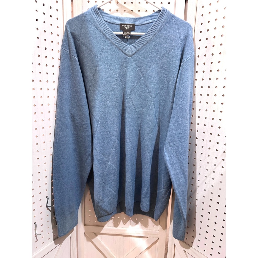 Dockers Mens XL Blue Argyle V Neck Long Sleeve Sweater‎ Pullover 100% Acrylic